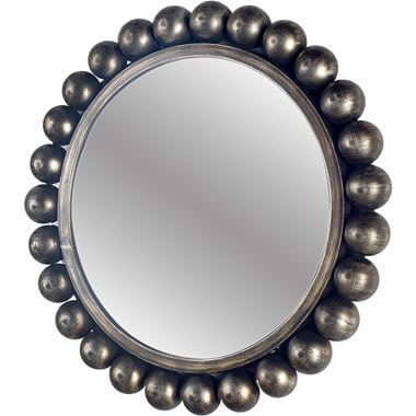 Introducing the 67631 Orbit Mirror by Mercana, a round mirror featuring a metallic frame adorned with large spherical accents around its edge.