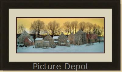 This framed painting, titled "Hamlet" by Picture Depot, depicts a snowy scene with stone houses in a charming village, where bare trees stretch towards a gentle yellow sky.