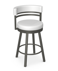 The Ronny Swivel Stool by Amisco is a hipster backless white bar stool with a curved metal frame and circular seat.