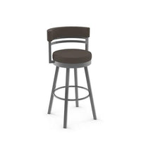 The Amisco Ronny Swivel Stool: sleek, with a black cushion, supportive backrest, and gleaming metal legs with footrest.