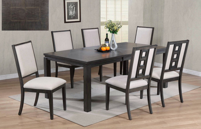 Elevate your dining experience with the Lancaster 7 Piece Table by Winners Only, showcasing a modern dark wooden table with a butterfly leaf, accompanied by six cushioned chairs in an inviting warm grey finish. Complete the look with a charming centerpiece of flowers and fruit on a light rug.