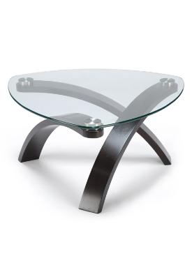 As part of Magnussen's T 1396 Allure Glass Coffee Table series, this piece boasts a modern design with a triangular glass top and three gracefully curved wooden legs finished in walnut veneers, providing a sleek contemporary aesthetic.