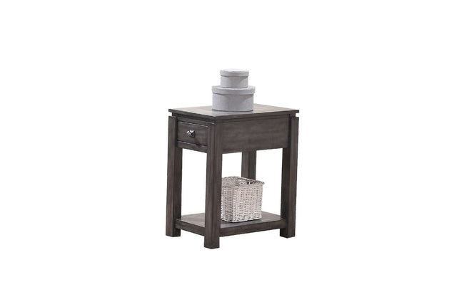 The Lancaster Lamp Table by Winners Only is expertly crafted from birch wood and includes a drawer, complemented by gray round storage boxes on the top and a wicker basket on the lower shelf. Its contemporary design brings elegance to any room.