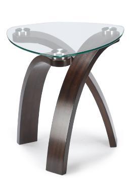 Discover the modern sophistication of the Magnussen T1396 Allure Glass End Table, designed with a striking triangular shape and three elegantly curved wooden legs. Crafted with walnut veneers, this table perfectly embodies the essence of contemporary style.