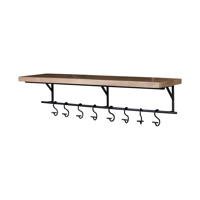 The Mercana 68493 Schutt Shelf boasts elegant black metal brackets and is expertly crafted from Indian mango wood, with six hanging hooks located beneath.