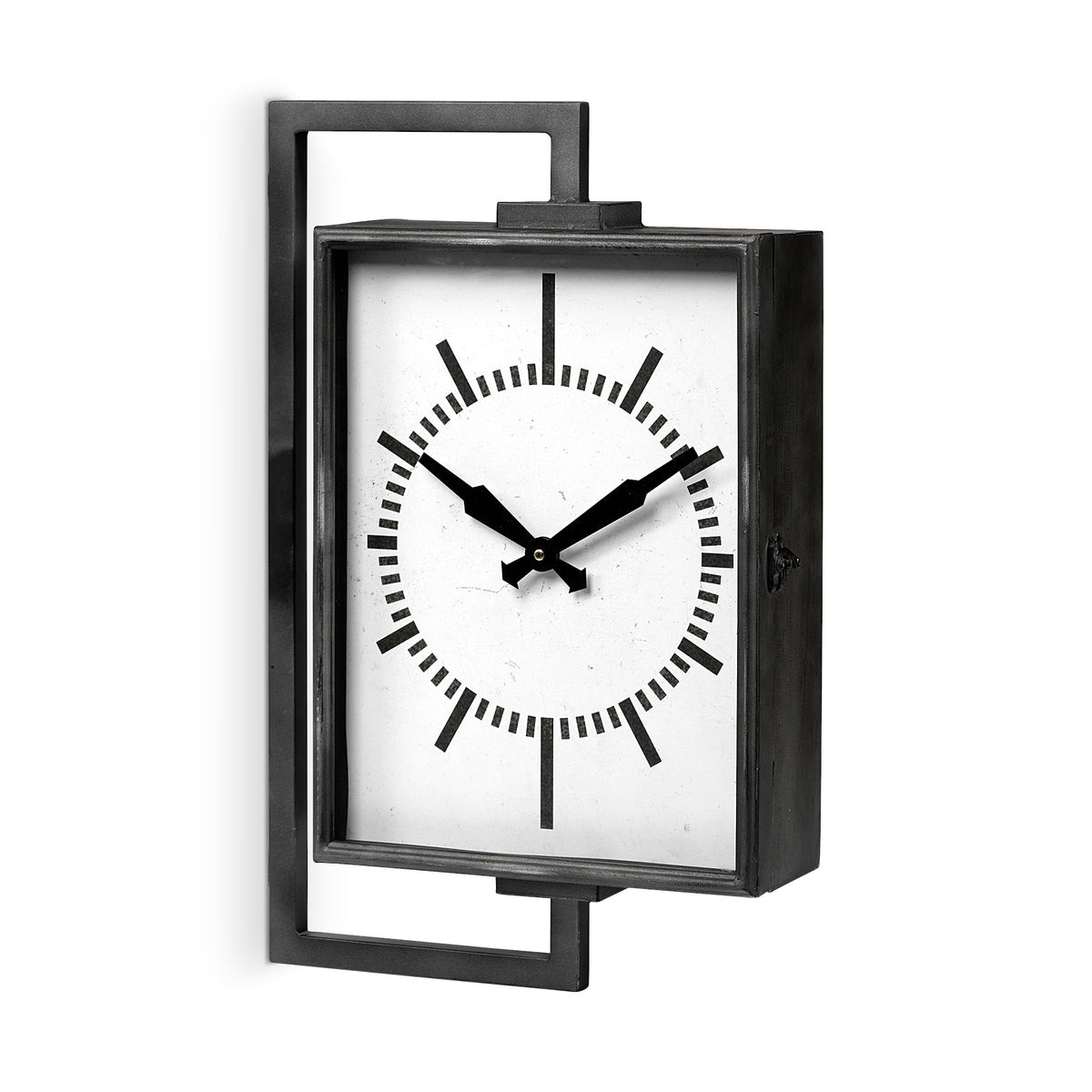 The 68553 Hagar Clock by Mercana boasts a rectangular design with a black metal frame and minimalist black hands set against a white background, offering an industrial look that is easy to read.