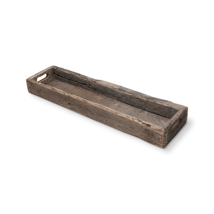 The Mercana 68858 Vernon Medium Wood Tray, featuring a rustic design and crafted from reclaimed wood with handles on both ends, stands out with its minimalist charm against a plain white background.