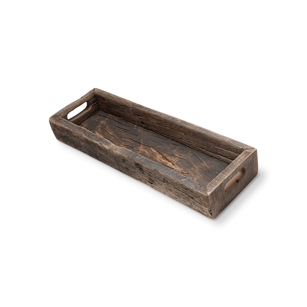 Introducing the 68860 Vernon Small Wood Tray by Mercana: a rectangular tray with handles, crafted from reclaimed wood and adorned with a decorative rustic texture that enhances its minimalist appeal.