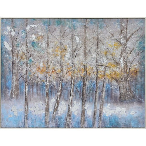 A textured forest painting by the Lune artist is beautifully presented on a hand-painted canvas from Renwil's Rast collection. The scene, featuring trees in autumn foliage and snow, is enhanced with delicate accents of gold and silver leaf against a cool-toned background, adding an elegant touch to nature's seasonal dance.