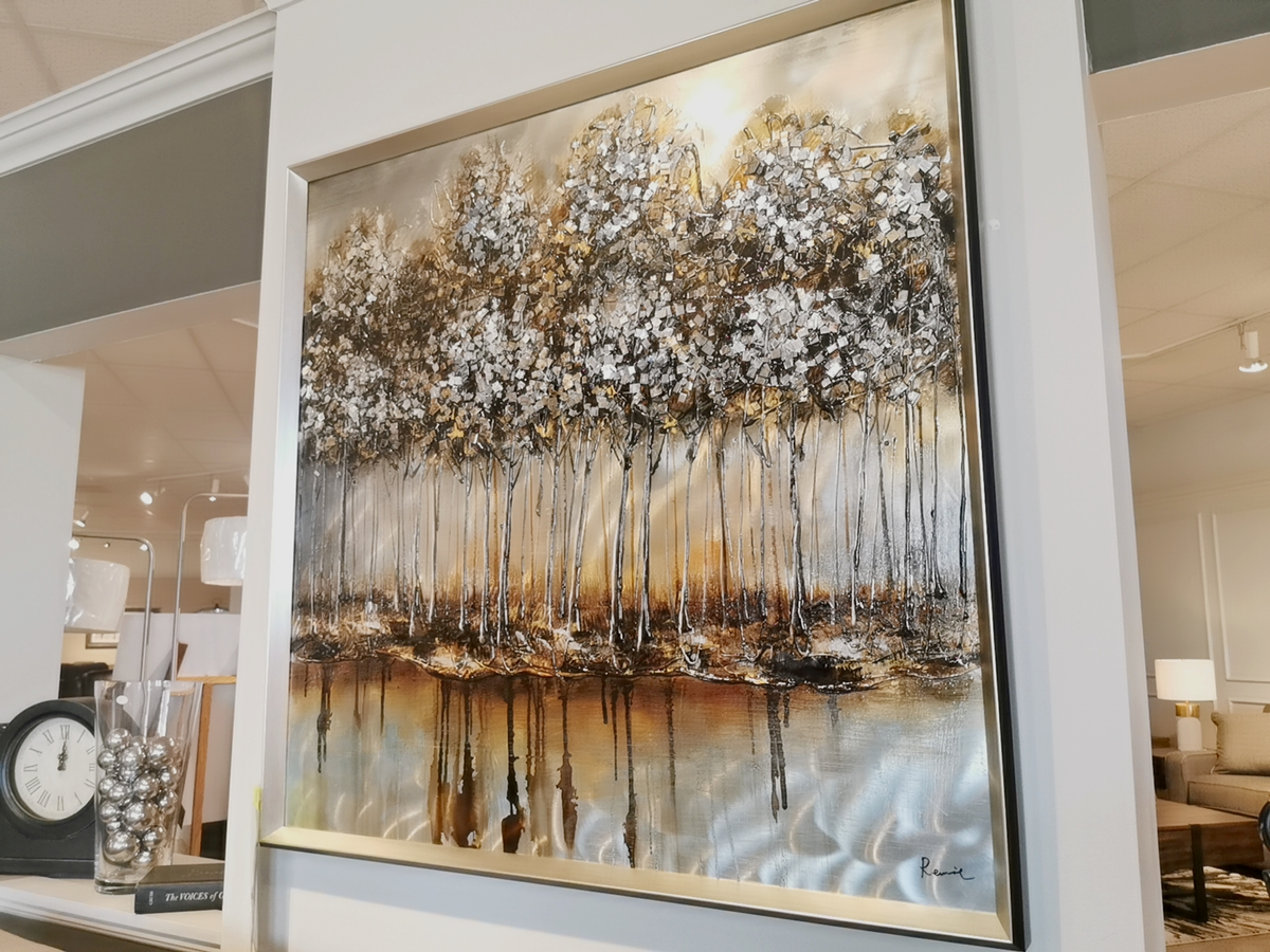 Introducing the Metallic Forest Wall Art by Renwil, which features a captivating scene of a forest with reflective water. The depth of color enhances the tall trees adorned with white foliage, creating a majestic and striking addition to any room.