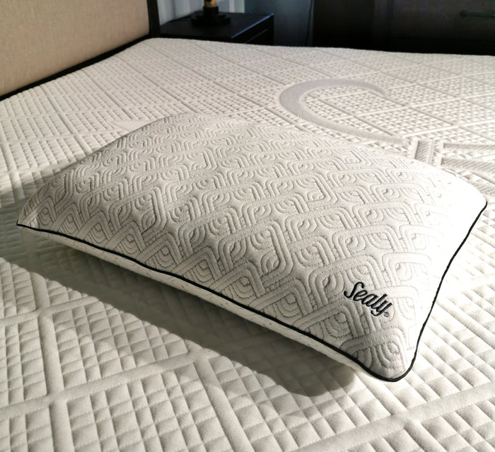 A Sealy 'Premium' Pillow sits on a textured Sealy mattress with geometric designs in a well-lit room.