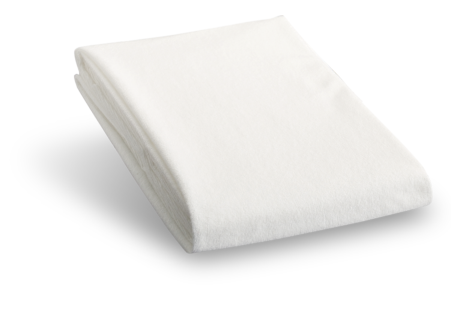 A folded Tempur-Fit Mattress Protector by Tempur-Pedic, in a white hue, is positioned against a plain background. It is crafted with a waterproof sleep surface to provide peace of mind and comfort for a restful night.