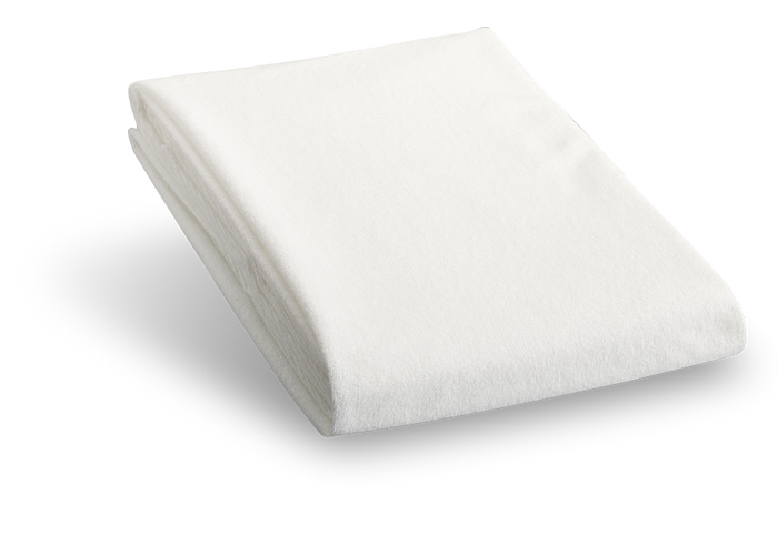 A folded Tempur-Fit Mattress Protector by Tempur-Pedic, in a white hue, is positioned against a plain background. It is crafted with a waterproof sleep surface to provide peace of mind and comfort for a restful night.